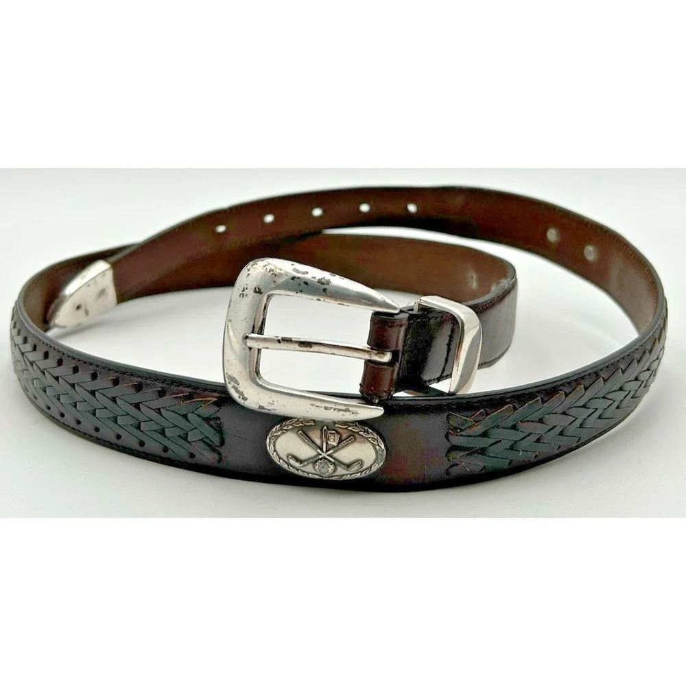 Full Grain‎ Italian Calfskin Leather Belt Mens 46 Golf Medallions Silver Preppy
